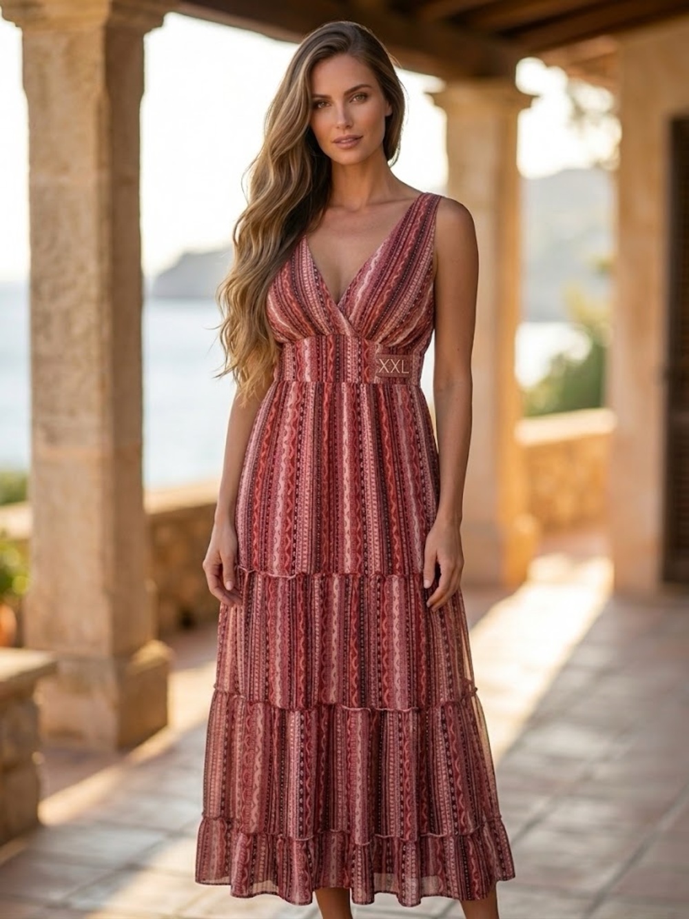 No Boundaries Rust Striped V-Neck Tiered Maxi Dress